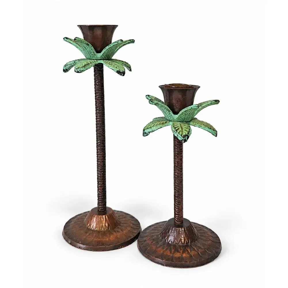 Palm Tree Candle Holders Set of 2 Metal Tropical Coastal Decor